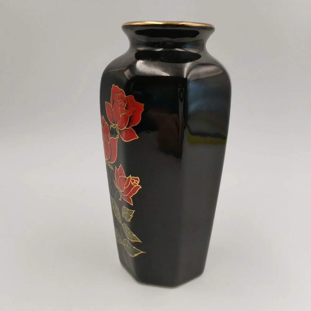 VTG Otagiri Japan Crimson Rose Black Porcelain Vase Octagon Gold‎ Trim 6